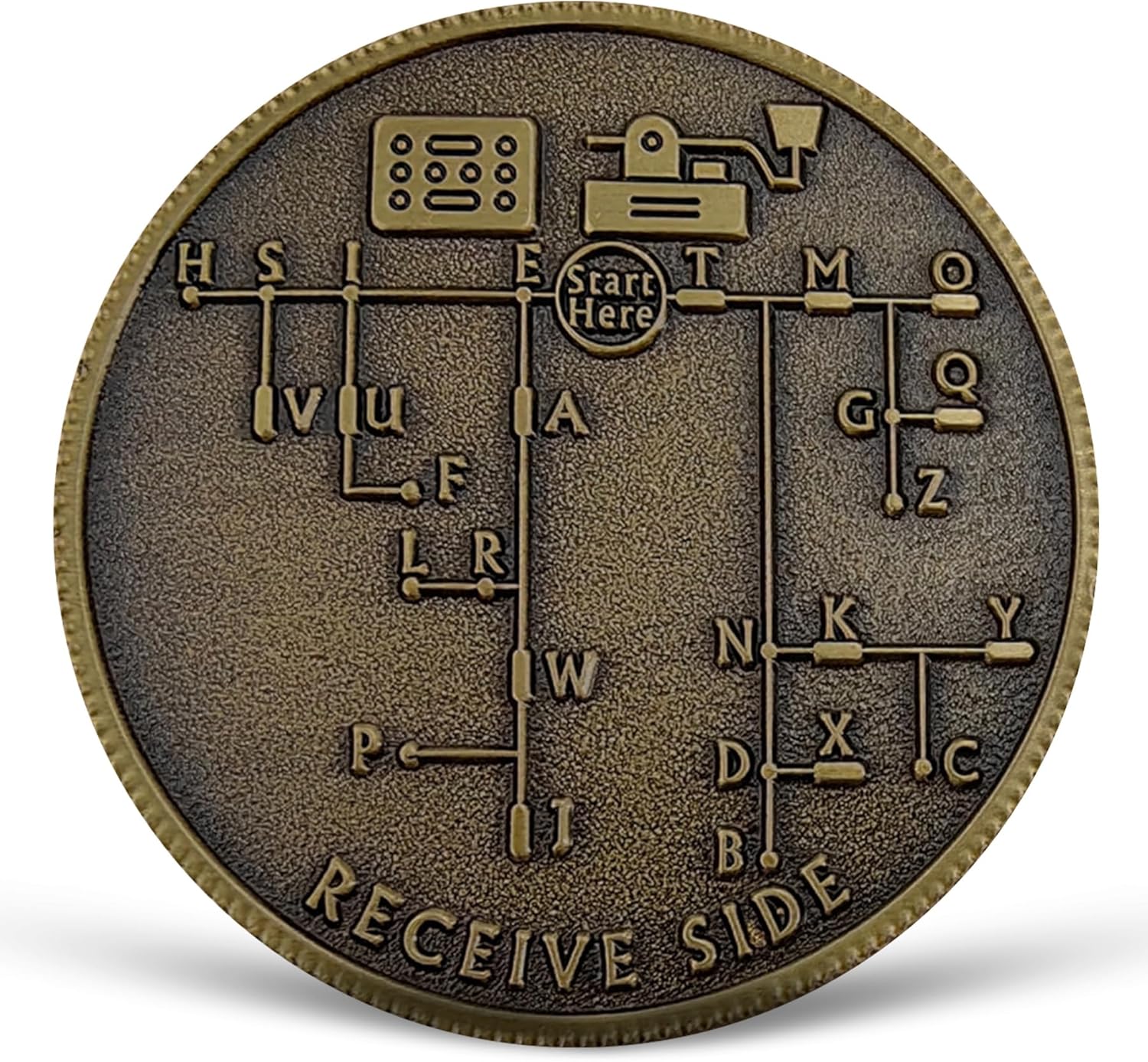 Front side of Morse code medallion with dot dash character reference guide